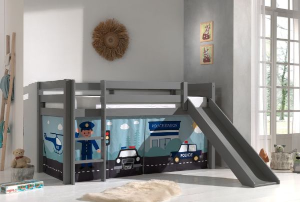 Halbhohes Bett PINO, mit Rutsche und Textilset "Police", Ausf. Kiefer massiv grau lackiert