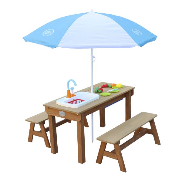 Dennis Sand & Wasser Picknicktisch mit Spielküchenspüle und Bänken Braun - Sonnenschirm Blau/Weiß