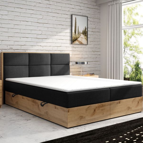 Möbel Punkt Boxspringbett LISSABON Eiche Holz mit Bettkasten 180 x 200 cm Webstoff Schwarz Anthrazit