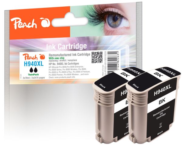 Peach Doppelpack Tintenpatrone mit Chip, schwarz HC kompatibel zu HP No. 940XL, C4906AE