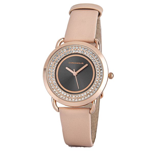 Chronique Damen-Armbanduhr mit Lederband, rund - Rosegold