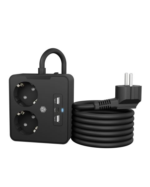 ICY BOX IB-MPS2220B-CH, Doppelsteckdose mit USB Ladegerät für Tisch- oder Wandmontage