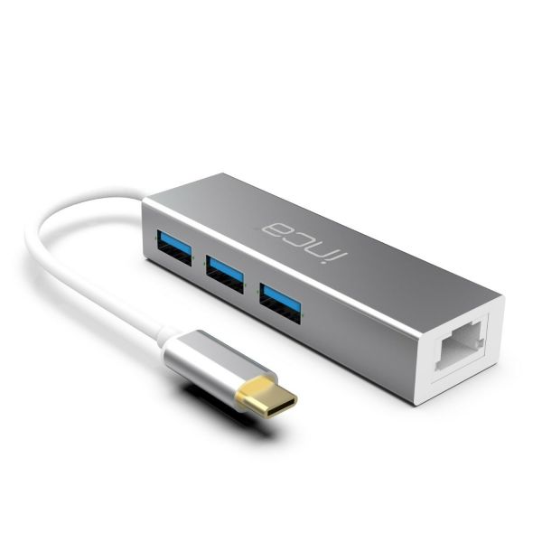 USB-C HUB Type-C-Hub X4: USB 3.0, Ethernet RJ45 Multiplexer mit Strom- und Spannungsschutz Silber