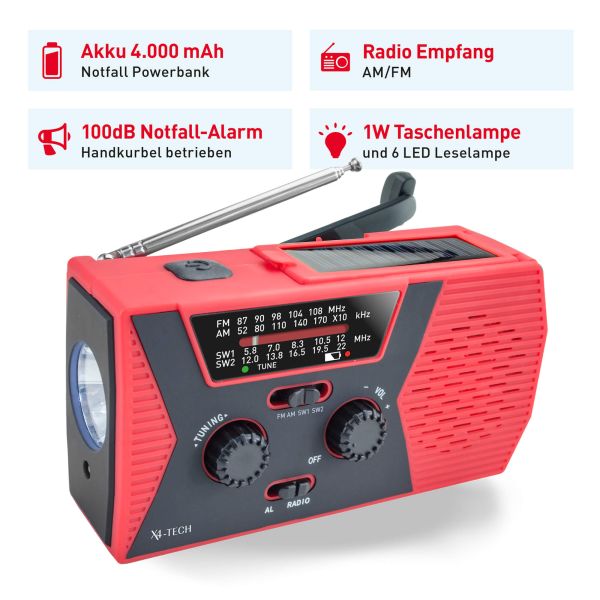 X4-TECH Portable FM/AM Solar Radio mit Taschen- und Leselampe USB