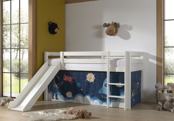 Halbhohes Bett PINO, mit Rutsche und Textilset "Space Shuttle", Ausf. Kiefer massiv weiß lackiert