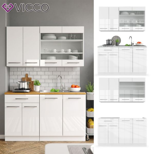 Vicco Küchenzeile Single Einbauküche 140 cm Küchen Hochglanz Fame-Line