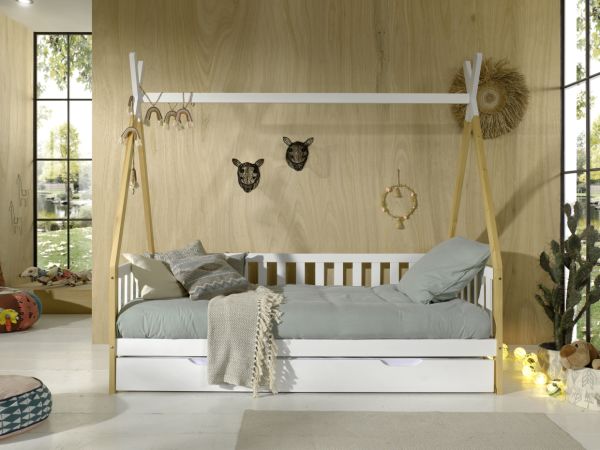 VIPACK - Tipi Kojen Bett mit Umrandung, Dachgestänge, Rolllattenrost und Bettschublade (Weiß), Liege