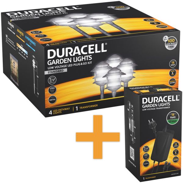Duracell LED Niedervolt Gartenlampen  4er-Set inkl. Netzadapter, schwarz silber mix