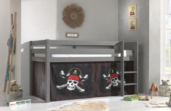 Halbhohes Bett PINO, mit Textilset "Caribian Pirate", Ausf. Kiefer massiv grau lackiert