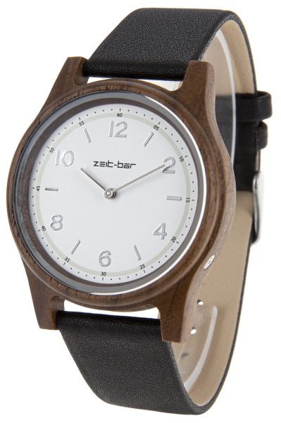 Zeit-Bar Funk-Armbanduhr, Holz-Gehäuse, Leder-Uhrband