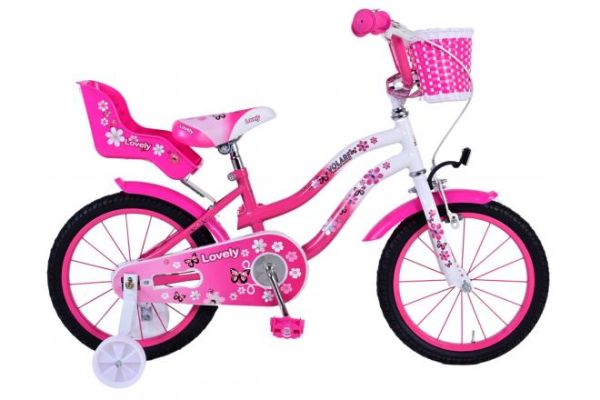 Volare Lovely 16 Zoll Kinderfahrrad Pink/Weiß mit Rücktrittbremse, Stützrädern, Fahrradkorb