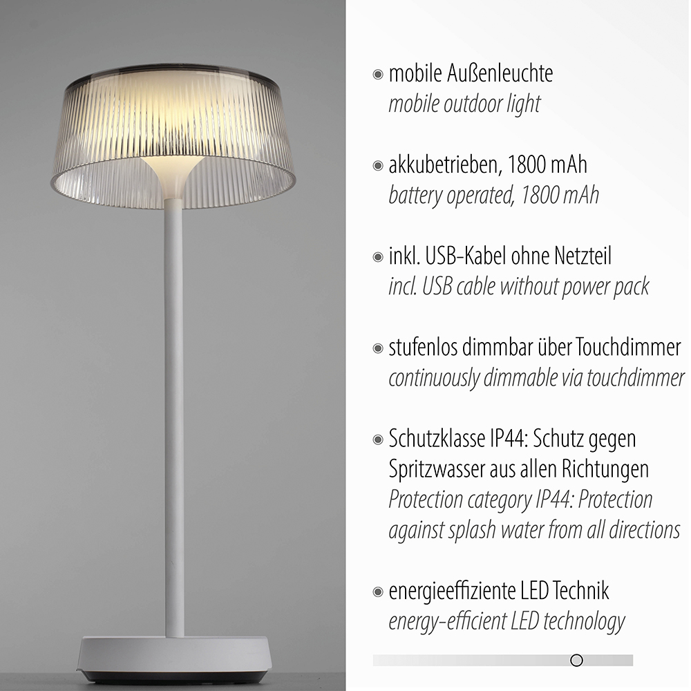 LeuchtenDirekt LED Tischleuchte DORA, 1xLED-Board/2,3 Watt, 3000 Kelvin,  Akkuleuchte, dimmbar, IP44 | Norma24