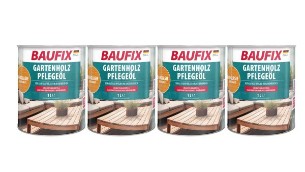 BAUFIX Gartenholz-Pflegeöl douglasie, seidenmatt, 1 Liter 4er-Set