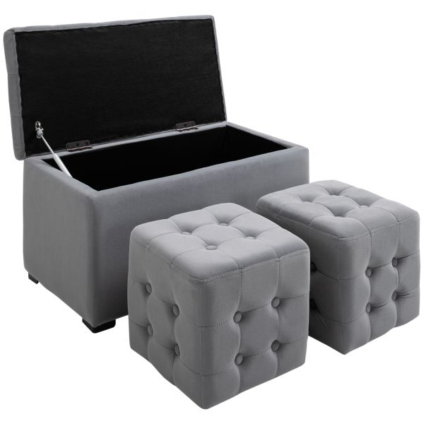 3 tlg.Sitzbank mit Stauraum 2 x Sitzhocker Polster Mikrofaserstoff Grau