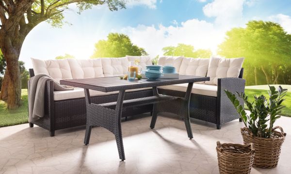 HC Garten & Freizeit 11-tlg. Ecklounge-Set mit Tisch und Sitzauflage schwarz-creme