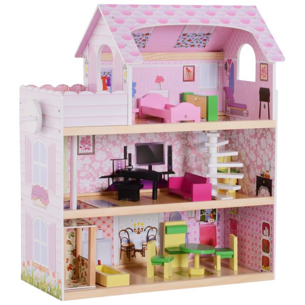 HOMCOM Kinder Puppenhaus Puppenstube Dollhouse 3 Etagen mit Möbeln L60 x B30 x H71,5 cm