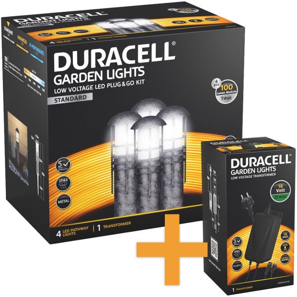 Duracell LED Niedervolt Gartenlampen 4er-Set inkl. Netzadapter, schwarz silber mix