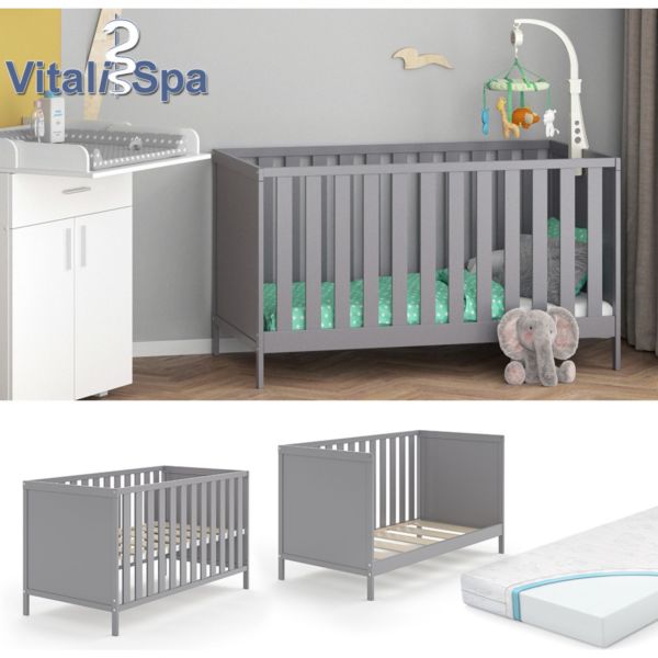 VitaliSpa® Babybett JONAS 70x140cm Gitterbett Umbaubett Kinderbett umbaubar grau inklusive Matratze