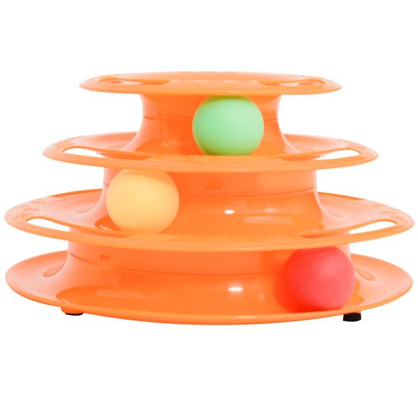 PawHut Katzen Spielturm Spielzeug Kugelbahn Kreisel mit 3 Bällen 3 Etagen Orange L25 x B16 x H13 cm