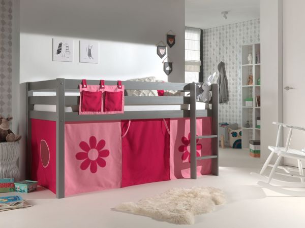 VIPACK - Spielbett Pino mit Textilset "Pink Flower", Ausf. Kiefer massiv grau lackiert