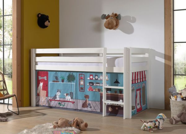 Halbhohes Bett PINO, mit Textilset "Pet Shop", Ausf. Kiefer massiv weiß lackiert