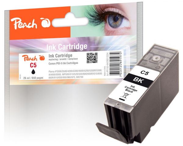 Peach Tintenpatrone schwarz mit Chip, kompatibel zu Canon PGI-5bk, 0628B001