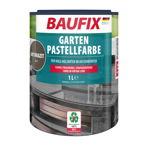 BAUFIX Garten Pastellfarbe anthrazit halbtransparent matt, 1 Liter, Holzfarbe