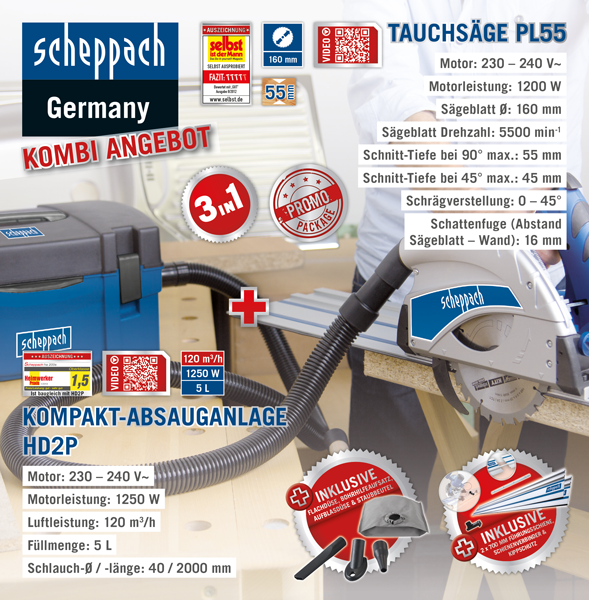 Scheppach 3in1 Kompakt-Absauganlage HD2P + 160mm Tauchsägen-Set PL55