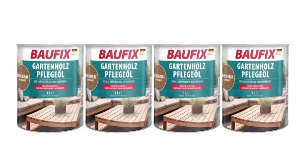 BAUFIX Gartenholz-Pflegeöl bangkirai, seidenmatt, 1 Liter 4er-Set