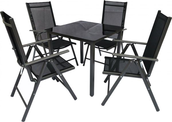 Alu-Gartenset 80 Schwarzglas Tisch + 4 Stühle