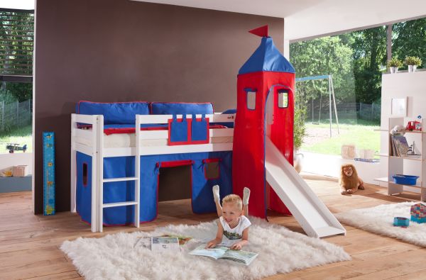 Relita Halbhohes Spielbett ALEX mit Rutsche/Turm Buche massiv weiß lackiert mit Stoffset blau/rot