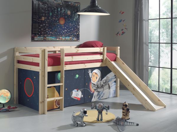 VIPACK - Spielbett Pino mit Rutsche und Textilset "Spaceman", Ausf. Kiefer massiv natur lackiert