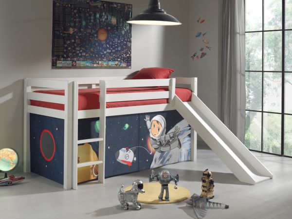 VIPACK - Spielbett Pino mit Rutsche und Textilset "Spaceman", Ausf. Kiefer massiv weiß lackiert