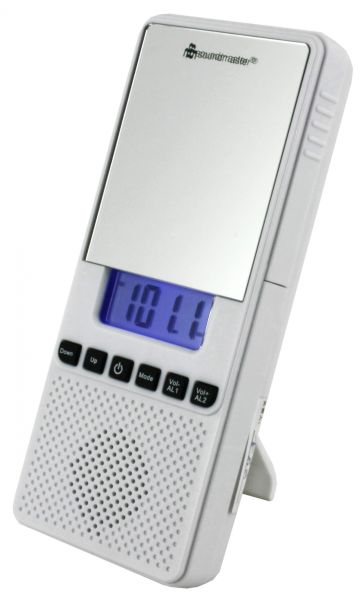 Soundmaster PLL-Badezimmerradio spritzwassergeschützt mit Spiegel und Standfuß