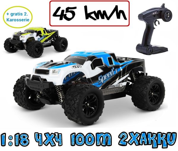 Blij´r Speed´r Blau ferngesteuertes RC Auto 45 km/h 1:18 2 Akkus Allrad 100m Monstertruck
