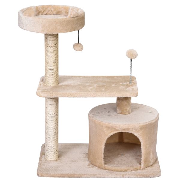 PawHut Katzenbaum mit Hängebett, 3-Stock Kratzbaum, Katzenhöhle, Katzenhaus mit Spielbällen, mit Sis