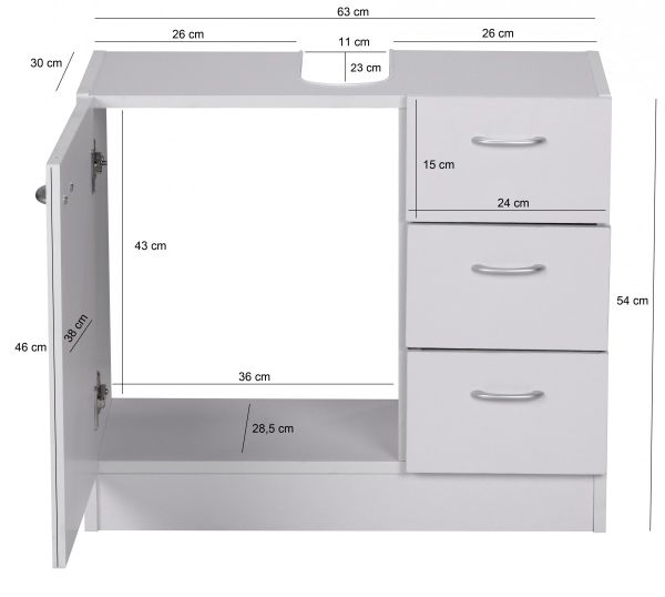 WOHNLING Bad Waschbecken Unterschrank 54 x 63 x 30 cm 1 Tür, 3 Schubladen, weiß