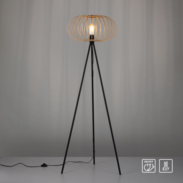 LeuchtenDirekt Stehleuchte RACOON, 1-flammig, E27, Bambus-Schirm, Ø50cm, Holz-natur, IP20