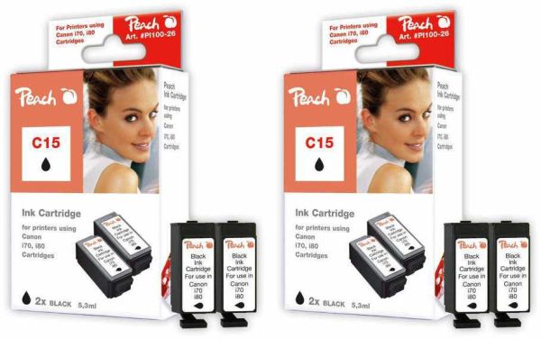 Peach Doppelpack 2 Tintenpatronen schwarz kompatibel zu Canon BCI-15 bk