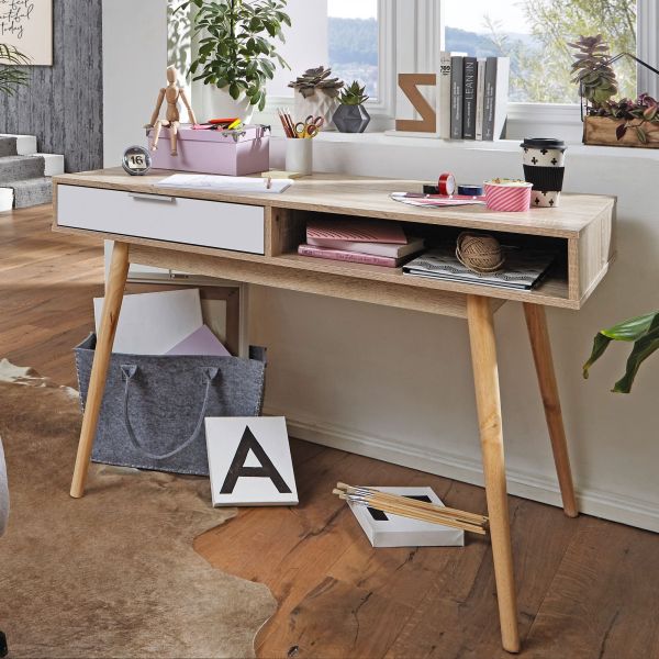 WOHNLING Schreibtisch Design Computertisch mit Schublade Sonoma/Weiß Tisch modern mit Fächer Bürotis