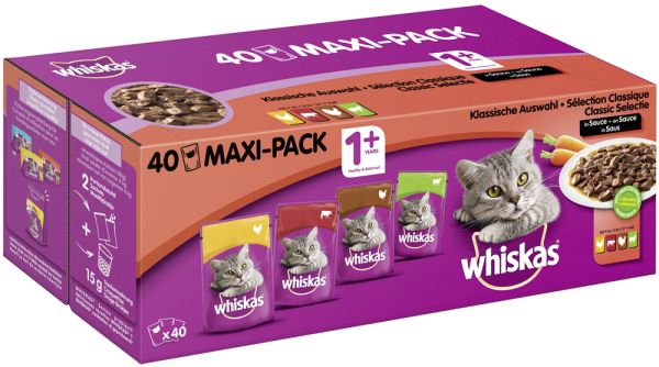 WHISKAS® Portionsbeutel Multipack Maxi-Pack 1+ Klassische Auswahl in Sauce 40 x 100g