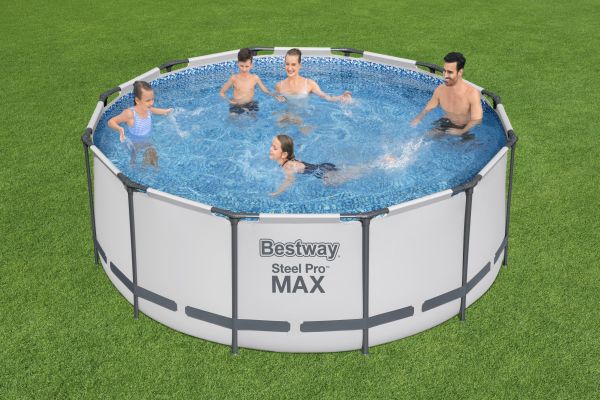 Bestway® Steel Pro MAX™ Frame Pool Komplett-Set mit Filterpumpe Ø 366 x 122  cm, lichtgrau, rund | Norma24