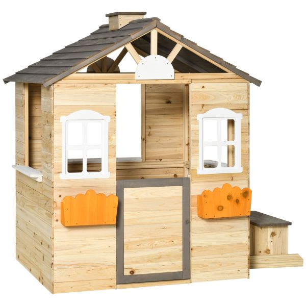 Outsunny Spielhaus für Kinder Holz Kinderspielhaus mit Briefkasten Fenster Natur