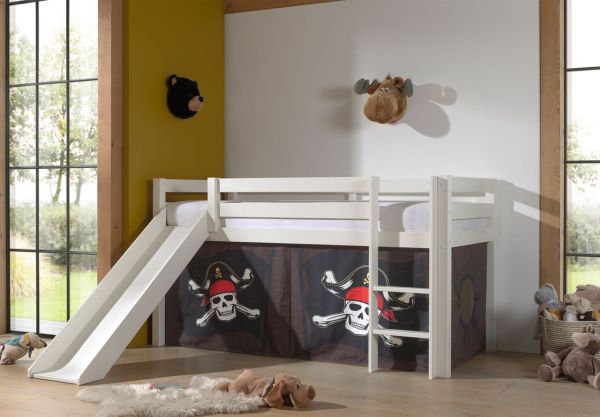 Halbhohes Bett PINO, mit Rutsche und Textilset "Caribian Pirate", Ausf. Kiefer massiv weiß lackiert