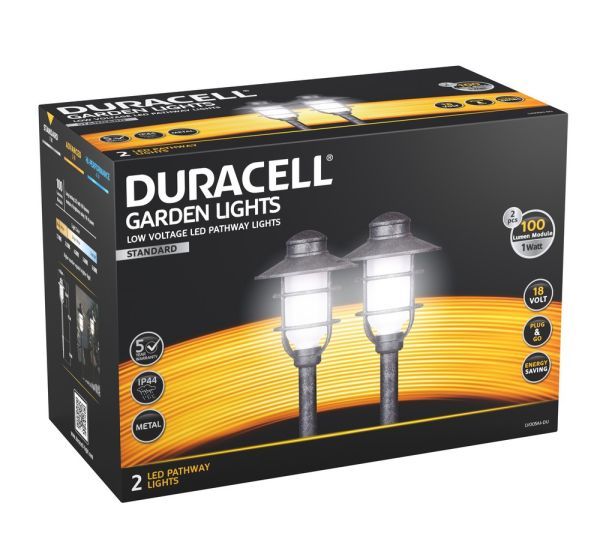 Duracell LED Niedervolt Gartenlampen 2er Set, schwarz silber mix