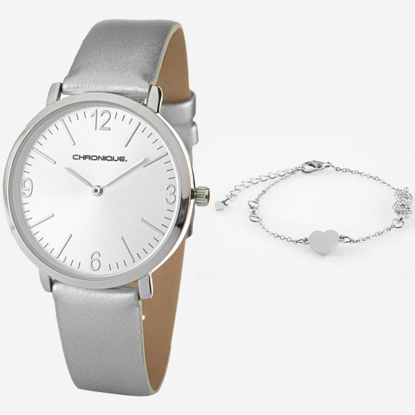 Chronique Damen-Armbanduhr mit Kettchen - Silber mit Herz-Kettchen