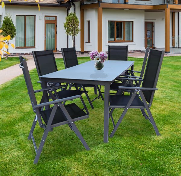 VCM 7-tlg. Alu-Gartenset mit Tisch & 6 Stühle Glas/Stein Anthrazit