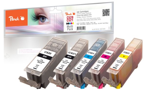 Peach Spar Pack Tintenpatronen mit Chip, XL-Ergiebigkeit, kompatibel zu Canon CLI-521, PGI-520