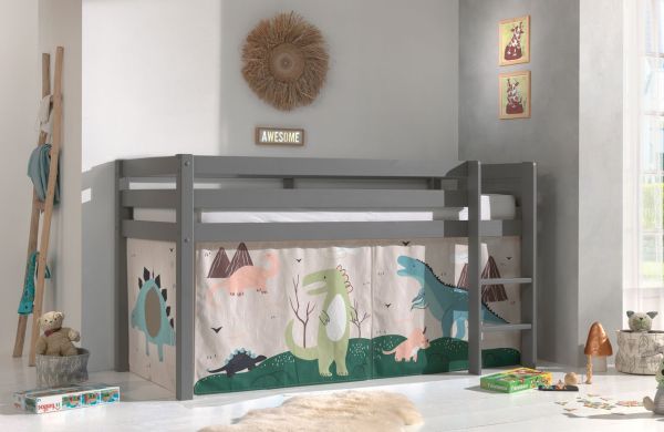 Halbhohes Bett PINO, mit Textilset "Dino", Ausf. Kiefer massiv grau lackiert