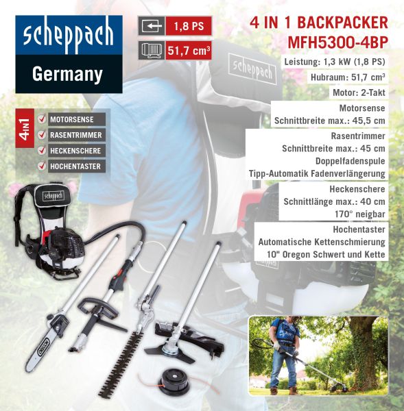 Scheppach Benzin-Gartengerät 4in1 "Backpack" MFH5300-4BP 
